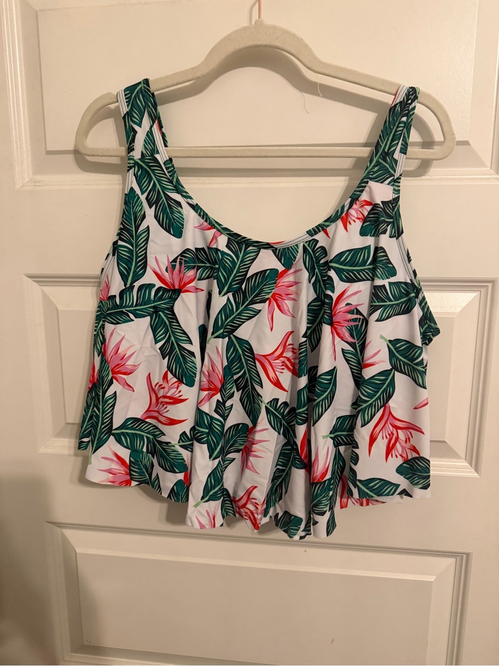 Tropical White Floral Tank Top with Green Leaf Print swim suit